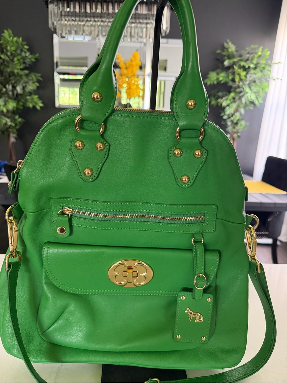 Emma Fox Green Leather Backpack with Gold Hardware - Picture 6 of 9
